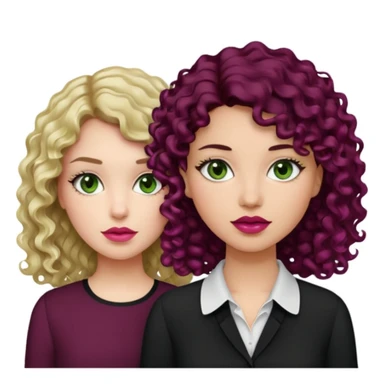 Una chica con el cabello ligeramente ondulado, rubio no tan oscuro, labios en un tono rosa, ojos café y una blusa blanca. Al lado otra chica con el cabello negro rizado, ojos verdes, labios color vino tinto y una blusa negra sticker