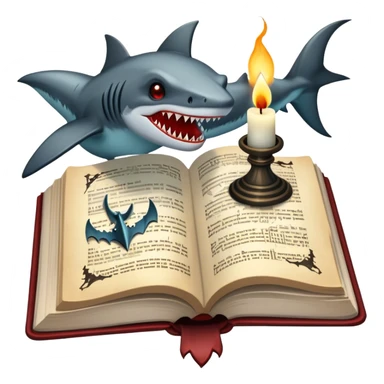 Icon for Horror & Mystery Reading: an open book with eerie glowing symbols, from which rise Dracula with fangs, flying bats, a zombie hand, and a lurking shark with sharp teeth. Surrounding elements include a flickering candle and an old key. Transparent background. sticker