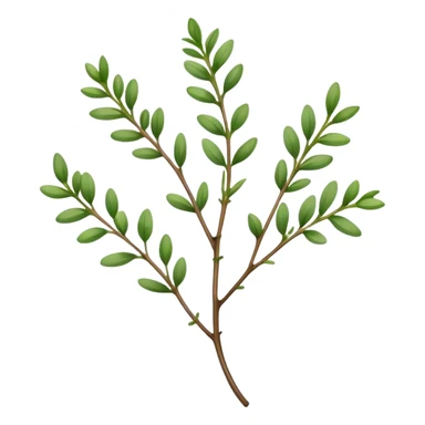 Cinematic Realistic Thyme Emoji, Compact and earthy, with tiny green leaves densely packed on delicate stems. The soft fragrance of the leaves fills the air, creating an atmosphere of warmth and subtle richness. Soft glowing outline, capturing the essence of simplicity and natural healing in a sprig of thyme! sticker