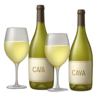 one big bottle with sign "CAVA" and two same clinking glasses of white wine sticker
