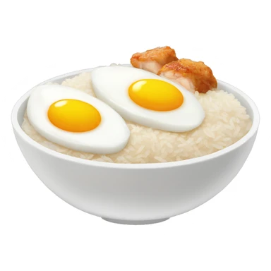 a bowl of rice with two eggs and chicken thigh sticker