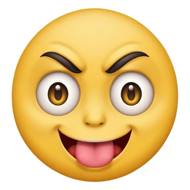 A yellow round face emoji smirking with its tounge out but the eyes are evil and kind of crazy and only one of the eyebrows is raised and the other eyebrow is lower and normal sticker