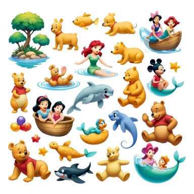 collage icon for animated movies: Include iconic characters like Goofy, Mickey Mouse, Winnie the Pooh, Ariel (The Little Mermaid), Jasmine, and others. Arrange them in a fun, vibrant scene full of playful elements. Bright, cheerful colors with a whimsical, animated style. Transparent background. sticker