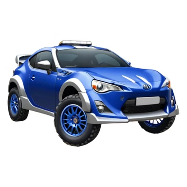 Rally race car Widened roof Long wheelbase widened pearly midnight satin dark blue  2025 Toyota Gt86 off-road racer chrome nerf bars,side steps mounted under-door-sill climbing rock sliders, and silver satin wheels  sticker