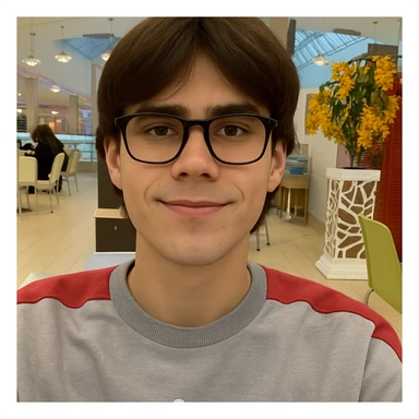 Dark-haired guy with hair to his earlobes, square black glasses, brown eyes, bufo style sticker