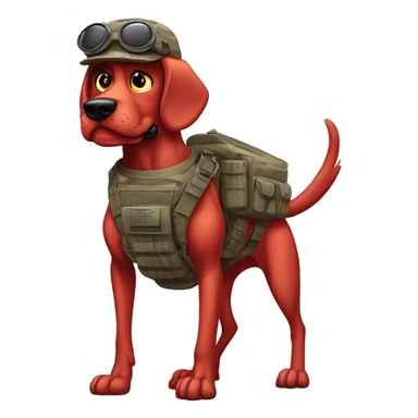 Desert storm humanoid Clifford the red dog muscled with tattoos on arms book illustration as a military call of duty character standing alone with submachine  sticker
