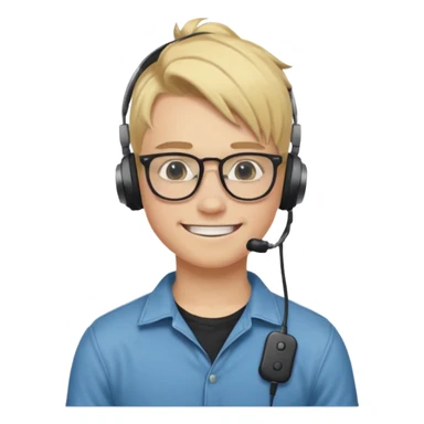 blond hair teen boy pony tail undercut with tattoo on his neck, wearing glasses, strong built, smile warmly with headphone sticker
