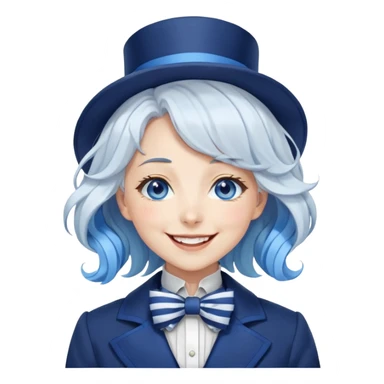 Beautiful gorgeous anime lady with white wavy hair with thin blue stripes, blue eyes, blue short top hat with a blue bow tie, smug grin, laughing, happy, blue coat, blue cravat, white gloves sticker