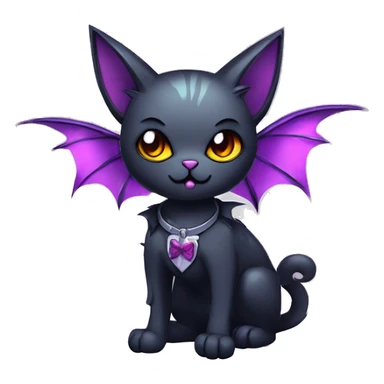   cool edgy kawaii ethereal dark-punk-themed animal vampiric cat-hybrid Fakemon with fangs and bat-wing-ears with a collar full body sticker