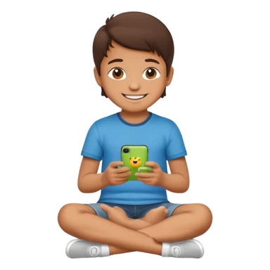 happy little kid with a phone, sitting cross-legged, apple style emoji sticker