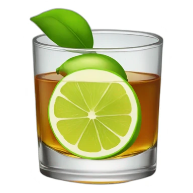 A single whiskey shot with a single slice of green lemon piece sticker