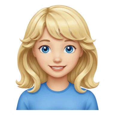 Please generate an image of a girl. She has blue eyes, blonde, wavy hair with bangs, and is smiling. sticker