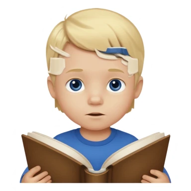 Dirty blonde toddler boy with dark blue eyes with book indoors sticker