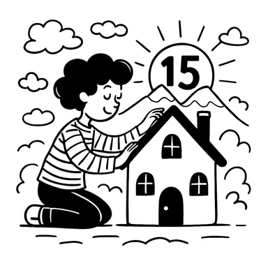 Add fluffy clouds to the scene, keeping the sunshine rising from mountains with the number 15 visible and integrated, in a black doodle style. The style should resemble hand drawn black doodles with clear lines and simple shading. sticker