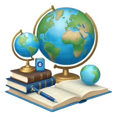 Create an emoji representing language translation. The design should feature a globe in the background, symbolizing international communication. In front of the globe, place two books or sheets of paper with texs on them and a pen nearby to indicate the act of writing. Use a clean and professional color palette with blues, greens, and neutral tones. Make the background transparent. sticker
