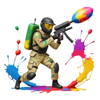 A dynamic scene of a player in action, holding a paintball gun and wearing protective gear. The background shows a vibrant paintball field with obstacles, colorful splatters of paint in the air, and an intense, competitive atmosphere. sticker