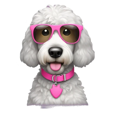 Grey and white golden doodle with pink collar and sunglasses sticker