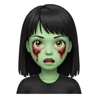 uma garota zumbi no formato Memoji da apple com o cabelo cumprido, preto liso e com franja, blusa preta sticker