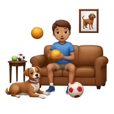 kid and dog playing with ball, living room background sticker