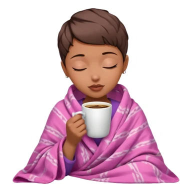 white girl pixiecut Hair Brown inside a blanket sipping Pink coffee eyes closed sticker