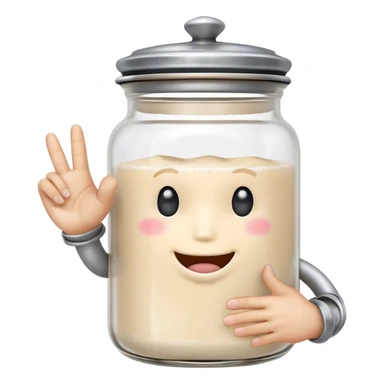 A cute anthropomorphic salt jar with transparent glass body and metal lid,with thumb and pinky extended on each hand, other fingers folded sticker