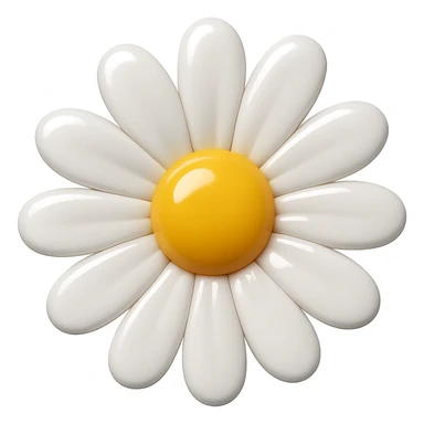 3D iOS-style close-up daisy, glossy effect, white petals, yellow center, no background sticker
