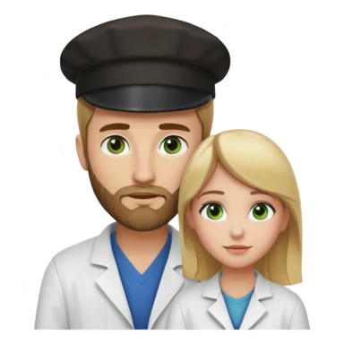 a blonde bearded guy wearing black cap, tall, fair skinned, brown eyes,  looking into the girls eyes who is short than him having green eyes and brown hair, who is in love with the guy, girl is wearing a lab coat, guy is wearing a brown jacket and blue jeans sticker