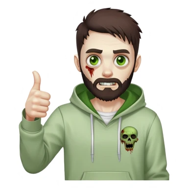 zombie with thumbs up gesture, undercut hairstyle with dark brown hair, short full beard, heterochromia with one green eye and one brown eye, wearing plain white hoodie sticker
