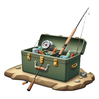 Icon for Fishing: a boat on the shore of a peaceful water body with a beautiful natural landscape, a fishing tackle box, a spinning rod. The icon should capture the tranquility and gear of a fishing adventure. Without frame. Transparent background. sticker