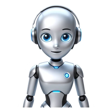 “Design a sleek, futuristic digital assistant mascot for a tech agency. The character should look friendly and smart, with glowing blue eyes, a smooth metallic body, and minimalist details. The mascot should blend AI aesthetics with a warm personality, slightly humanized but clearly synthetic. Background neutral. Style: semi-realistic 3D render or stylized illustration.” sticker