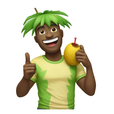 "Create a fun emoji of a green coconut with a red straw on top. The coconut is wearing a yellow t-shirt and making a 'C' gesture with one hand and a 'thumbs up' with the other. The character should appear cheerful and inviting." sticker