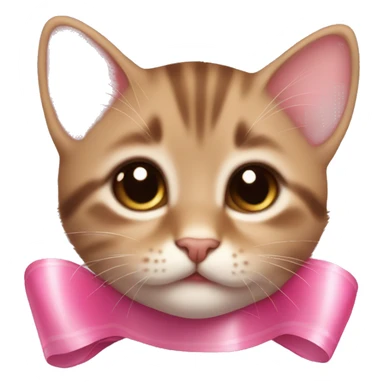 Small Little brown kitten with a pink ribbon around its neck, with big brown eyes and pink toungue sticker
