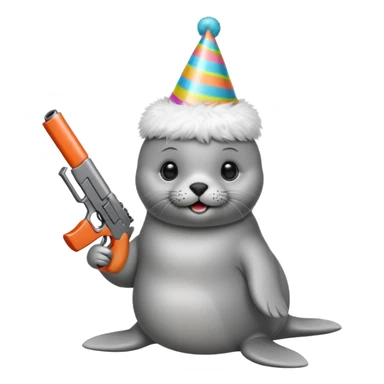 Baby seal wearing birthday hat holding a gun sticker