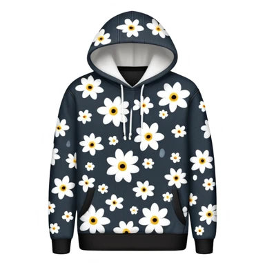 The BLACK Denim Tears Hoodie features a black base with distinctive white and black  open flower spots with empty space in the middle, These hollow ring-like patterns are scattered across. BLACK AND WHITE FLOWERS SPACED OUT FLOWERS AND NO DOTS sticker
