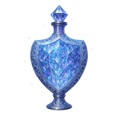 ultra luxurious crystal elixir bottle in shield shape, color #7986cb, multi-layered holographic and silver filigree, intricate crystal texture, magical glowing and sparkling effects, radiant light beams, very small neck, seamless ornate bottom, transparent background, bottle clearly floating in air, no base or shadow, not standing, modern, collection style, extremely beautiful and refined sticker