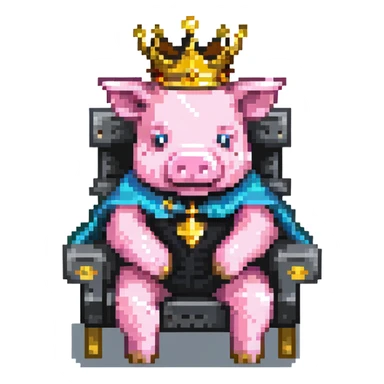 ultra-minimal pixel art pig with a golden crown sitting on a throne, blocky and square like Minecraft, inspired by Technoblade sticker