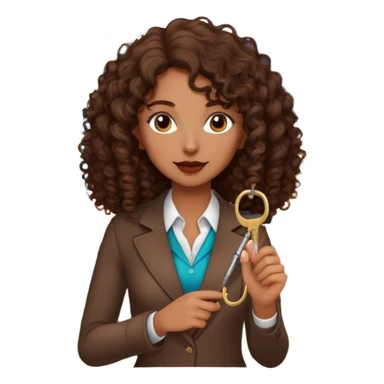 Dark brown lady with medium brown mid length curly hair in real estate job with house and keys sticker