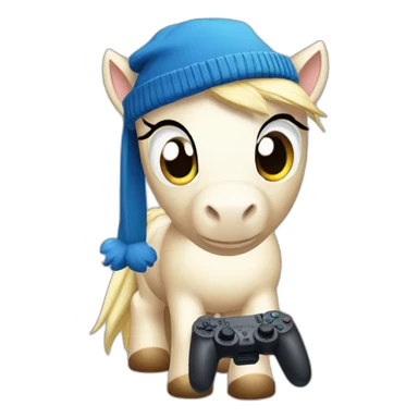 sad pony wearing a blue beanie and holding a ps5 controller sticker