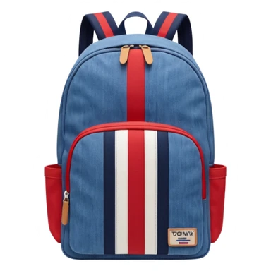 denim backpack with bold red, white, and navy vertical stripes, minimal and flat design, front view, inspired by Tommy Jeans style."
 sticker
