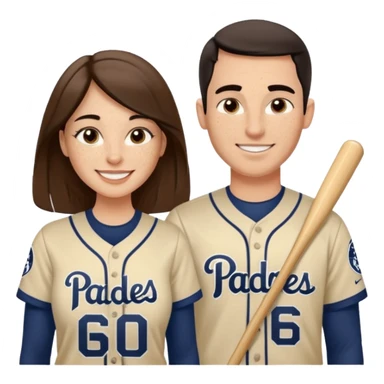 *White* Smiling couple. Woman has big cheeks and a lot of freckles on the nose. long brown hair. Man has black and very short hair and prominent eyebrows with egipcian nose. Both are wearing “Los Padres” baseball jerseys and with a sign that says “Go Padres!” sticker