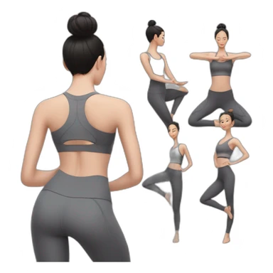 Pale skinned fit woman In a gray tight yoga suit and wristbands With black hair in a bun doing yoga sticker