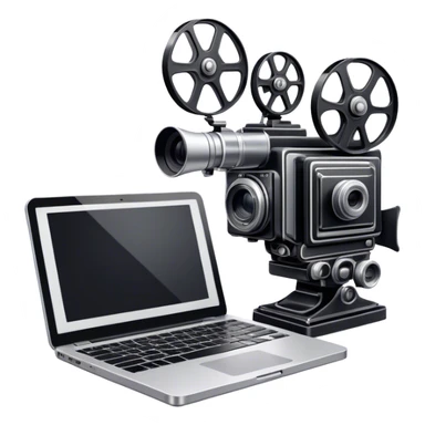 Create an emoji representing screenwriting. The design should feature an open script with visible dialogue and action lines, symbolizing the writing of a screenplay. Add a movie camera next to the script to emphasize the cinematic aspect of screenwriting. Include a classic typewriter or a modern writing device, such as a laptop, to signify the process of creating a script. Use a professional color palette with black, white, and subtle metallic tones. Do not include any emojis or smiley faces. Make the background transparent. sticker