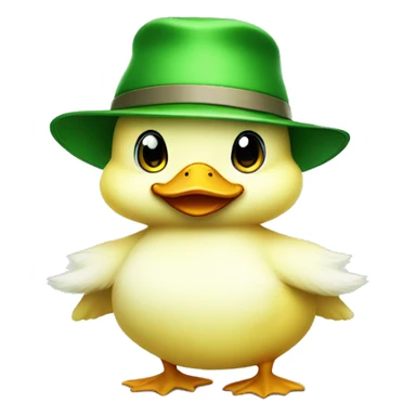 cute fluffy chubby baby duck with hand and wear green hat sticker