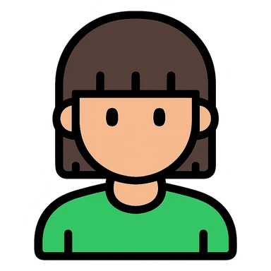 A boy with straight bangs covering his eyebrows, long hair at the back, black eyes, and brownish-black hair, wearing a green shirt the color of brilliant green antiseptic. sticker