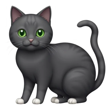 full body gorgeous solid dark grey cat with green eyes, white paws and white whiskers playing sticker