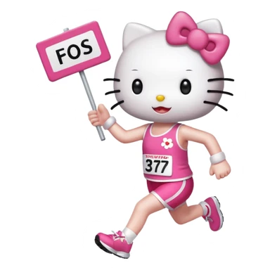 hello kitty cheering on a friend running the marathon, where she is holding a marathon sign. make sure the fae looks exactly like hello kitty - give her eyes and a nose but no mouth sticker