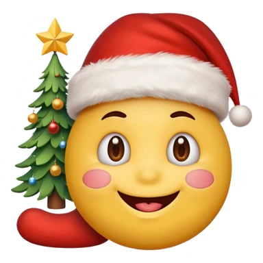 D cute yellow emoji face wearing a Santa hat, with a happy soft expression. Replace the hearts with festive Christmas elements: a Christmas tree, stocking, snowflake, and other holiday icons. sticker