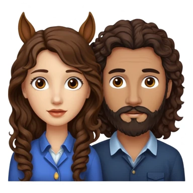 pareja de Mujer morena rizada cabello largo castaño ojos oscuros y hombre piel blanca con caballo oscuro con barba y ojos marrones sticker