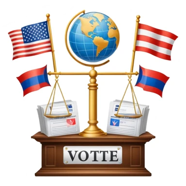icon featuring podium with a speaker, russian and american flags, and voting ballots. The design includes a globe and scales of justice in the background, representing governance, global affairs, and political theory. Transparent background emphasizes civic engagement and policy. sticker