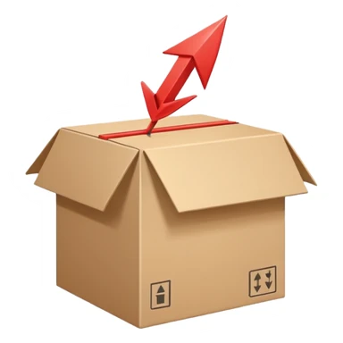 Minimal line-art icon of a shipping box with an arrow going up or a price tag, simple modern style, clean outlines, slightly 3D, no background, transparent, represents “reselling / e-commerce / flipping items” sticker